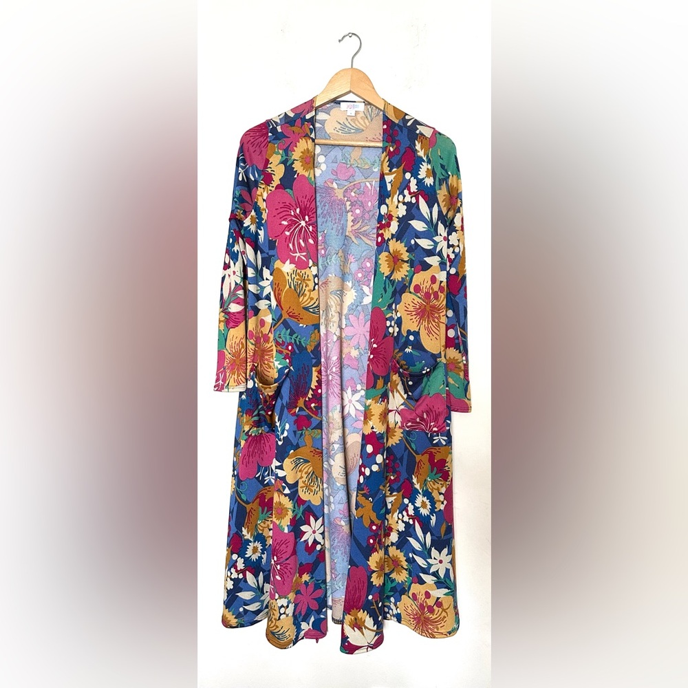 LuLaRoe Floral Beige and Blue Kimono Cardigan Women Sz Small